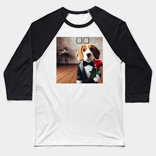 Beagle dog in formal tuxedo carrying red rose Baseball T-Shirt